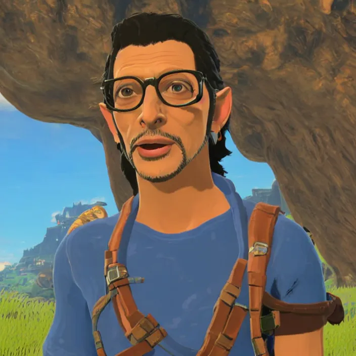 Image similar to Jeff Goldblum in The Legend of Zelda Breath of the Wild, detailed screenshot