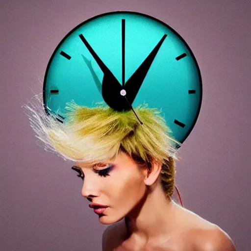 Image similar to hair styled to look like a coocoo clock with the bird popping out, real life, photograph, salon magazine cover, high end fashion, crazy hair, creative, odd