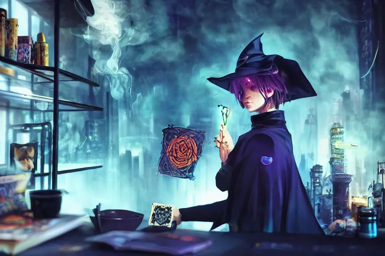 Prompt: close up photo, dramatic lighting, concentration, calm confident cyberpunk teen witch and her cat, tarot cards displayed on the table in front of her, sage smoke, magic wand, a witch hat and cape, apothecary shelves in the background, by yoji shinkawa neon
