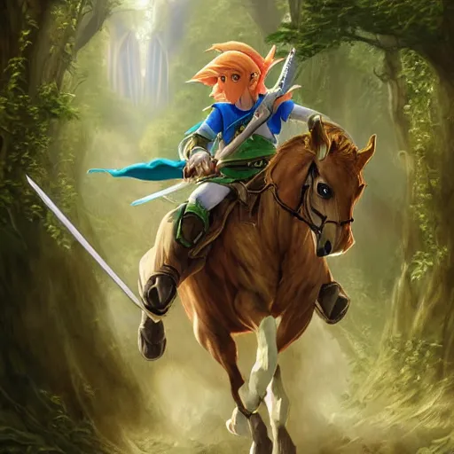 Image similar to Link from Ocarina of Time, riding a majestic horse through The lost woods of Hyrule, D&D, fantasy, intricate, elegant, highly detailed, digital painting, artstation, concept art, matte, sharp focus, illustration, art by Artgerm and Greg Rutkowski and Alphonse Mucha