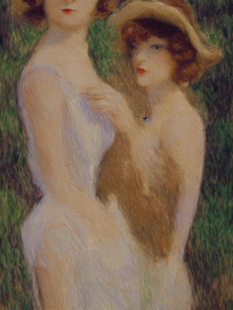 Image similar to portrait of < zelda fitzgerald > as a beautiful young lady wearing 1 9 2 0 s fashion, blurry face, brown hair, slim, fair, severe out of focus, depth of field, pleinairism, in the sun, backlit, closeup, oil on canvas, atr by monet, in the style of le promenade, smooth, impressionnisme, 8 k