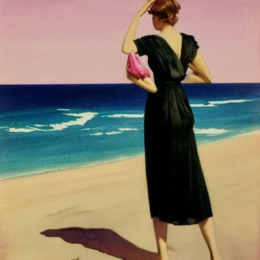 Prompt: woman in black dress in the middle of the beach, pink water, leyendecker style