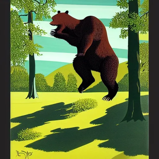 Prompt: a bear jumping over a fence by bob clampett and eyvind earle