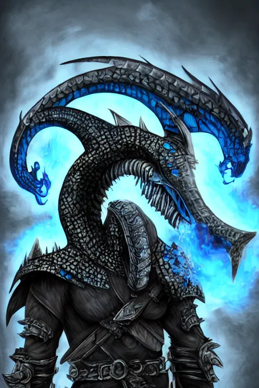 Image similar to a dark blue dragonborn with large tusks, half of his face flaming with blue flame, he wears a black dragon scales armor, digital art