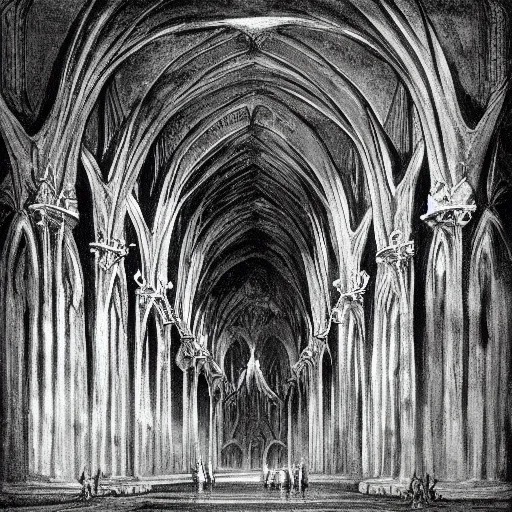 Image similar to an underwater gothic cathedral at the bottom of the ocean populated by mermaids, in the style of arnold bocklin francisco goya william blake and kentaro miura, dark and scary abyssal ambient, utradetailed, matte painting, smooth zenithal lighting, epic masterpiece,