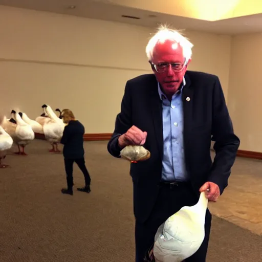 Image similar to Bernie Sanders holding a Goose