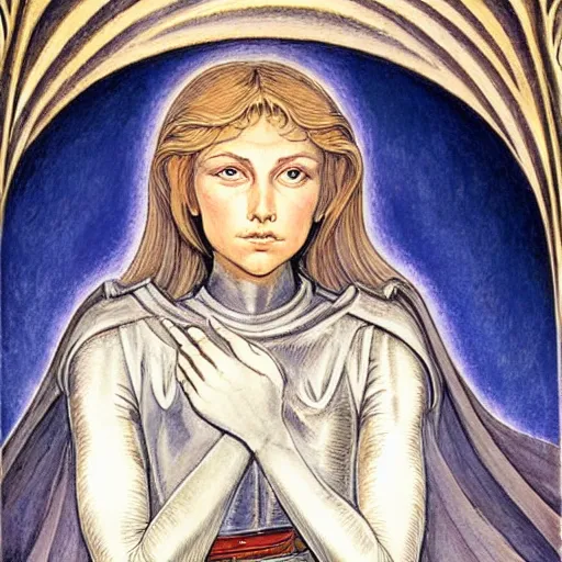 Image similar to beautiful face virtuous jeanne d'arc in the style of william blake, terese nielsen, isolde