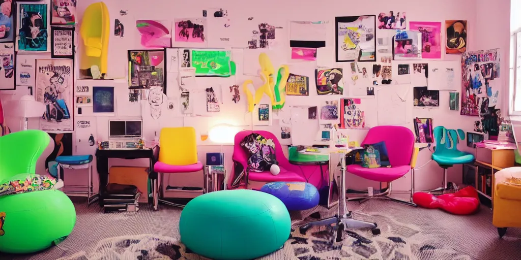 Image similar to a teens room in the 90s with inflatable neon chairs and posters on the walls, an old CRT in one corner