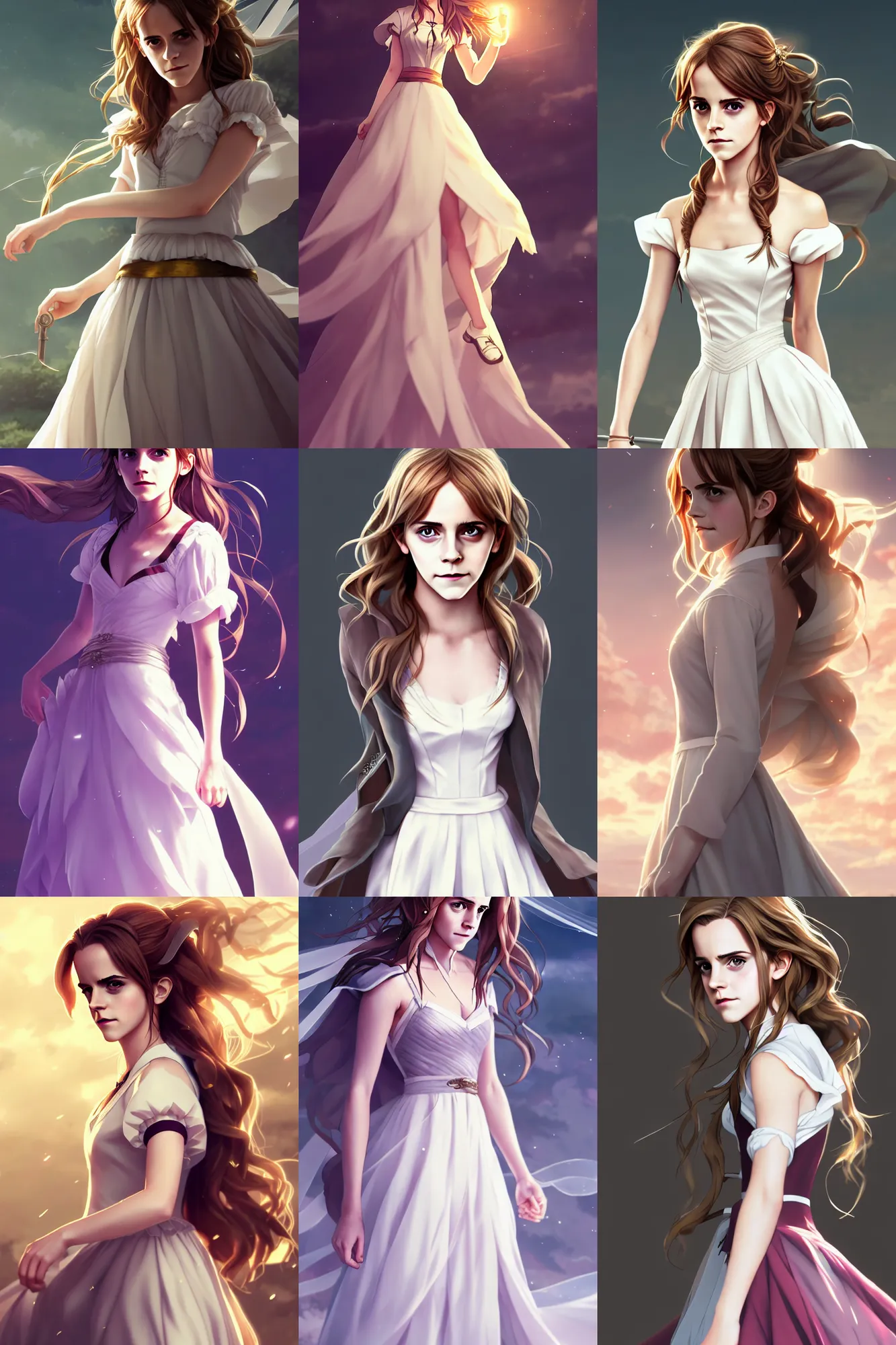 Prompt: emma watson act as hermione in a wedding dress, beautiful face, long wavy hair, character art, anime key visual, official media, illustrated by wlop, extremely detailed, unreral engine, trending on artstation, cinematic lighting, beautiful body