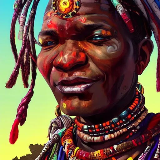 Prompt: an african voodoo shaman with a ruby in his forehead, Apex Legends character digital illustration portrait design, by android jones, detailed, cinematic lighting, wide angle action dynamic portrait