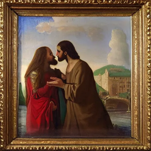 Image similar to an oil panting of a jesus kissing maria maddalena