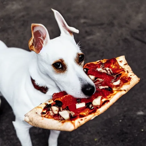 Image similar to photo of a white jack russel eating pizza