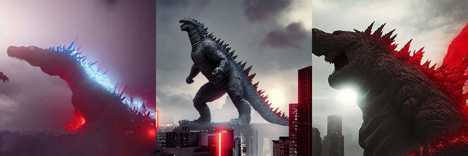 Prompt: Godzilla as a white and red mecha in tokyo, photorealistic, 3D, octane render
