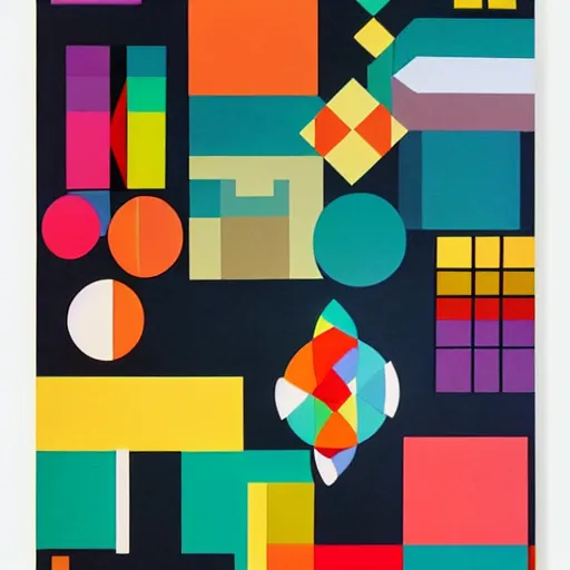 Prompt: Evenly arrayed colorful modulating geometric shapes multitude of variations, Bauhaus graphic design poster, 80s pop design