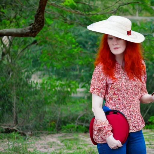 Image similar to red headed woman wearing a wide brimmed straw hat and a fanny pack