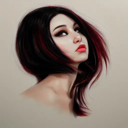 Prompt: a realistic illustration portrait of a beautiful cute girl with wavy black red hair, a pointy nose and, round chin black eyeliner, trending on artstation, hyper - realistic lighting