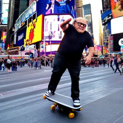 Image similar to photograph of danny devito skateboarding in times square, detailed face