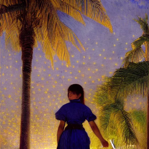 Prompt: a ultradetailed beautiful painting of a girl at night on the amazonas palace by jules bastien - lepage, hans belmer, frank weston and gustave baumann, trending on artstation, mediterranean, palm trees, light sparkles, sharp focus, soft light