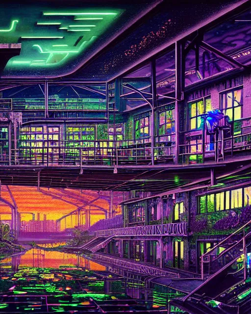 Prompt: a beautiful ultradetailed painting of empire nature industrial architecture unfinished building abandoned urbex building city by stanley spencer, nature at night neon noir evil lake uv light biopunk vaporwave universe retrowave tron, archdaily, wallpaper, highly detailed, trending on artstation.