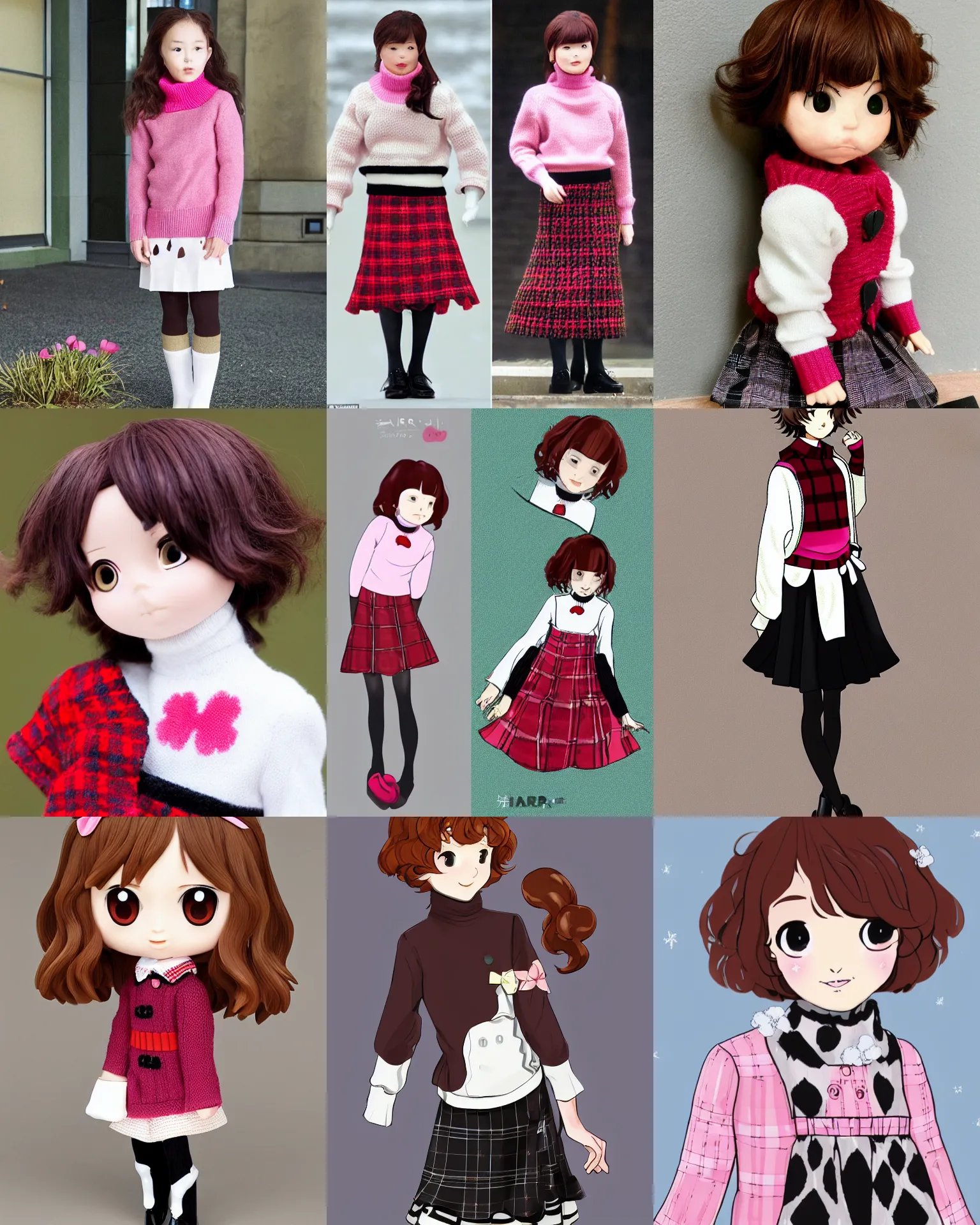 Prompt: haru has chin - length curly light auburn hair and brown eyes. she wears a pink turtleneck cardigan with short puffed sleeves and a long - sleeved white shirt underneath. she wears the standard black and red tartan skirt, white tights with a black flower pattern and black mary jane shoes.