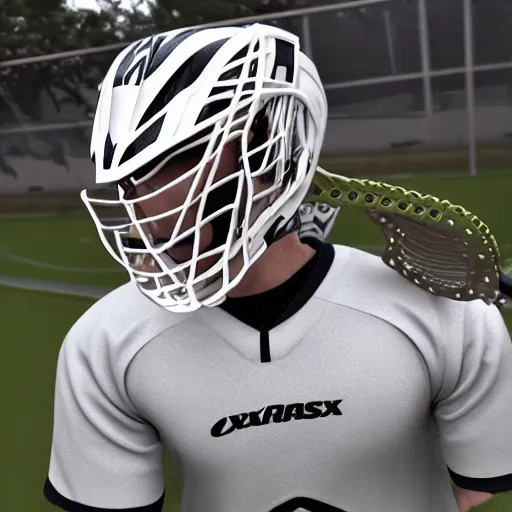 Image similar to lacrosse player, soccer field, cascade helmet, realistic, running, very detailed, 8k, high resolution, ultra realistic, no grain, symmetry, normal proportions, sports illustrated style, Cascade XRS Custom Lacrosse Helmet, brine lacrosse stick, Brine Lacrosse King V Gloves, normal feet, Nike Alpha Huarache 7 Elite, STX Surgeon 700 Lacrosse Arm Guards