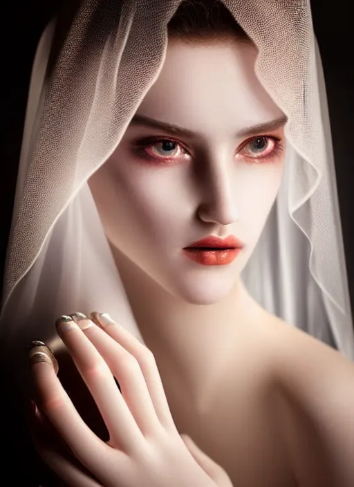 Image similar to queen chess piece photo portrait, beautiful pale makeup, pearlescent skin, elegant pose, very detailed, highly detailed background, photorealism, sharp focus, photorealism, veil of led lights,soft diffuse autumn lights, some sunlight ray, dark room wall, canon 5D 50 mm lens