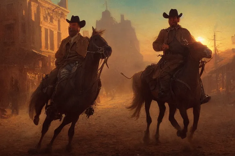 Prompt: close up portrait of rugged sheriff riding his horse through a busy old - west town, detailed, volumetric lighting, cinematic, in the style of gaston bussiere