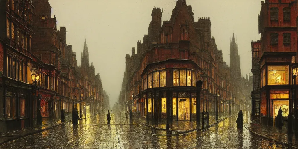 Prompt: Victorian city street lined with trees with front view of shops on a rainy day in London, evening, low angle view, detailed matte painting, cinematic, John Atkinson Grimshaw, Artstation