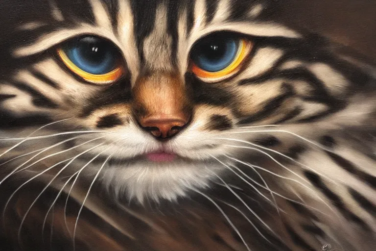 Image similar to A dark, brooding oil painting of a snarling kitten, close-up, high-quality, professional, dramatic lighting, extremely high detail, trending on artstation