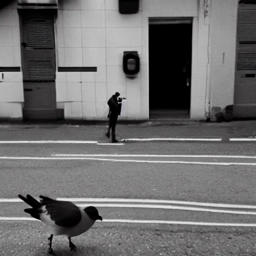 Image similar to surveillance camera footage, black and white, xavi hernandez on the street holding a pigeon