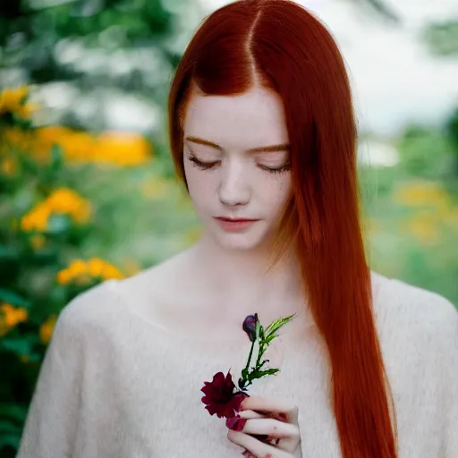 Image similar to Portrait of a young redhead lady with a flower, Canon EOS R3, f/1.4, ISO 200, 1/160s, 8K, RAW, unedited, symmetrical balance, in-frame