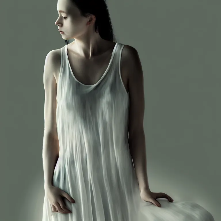 Prompt: a wonderful realistic portrait of a lonely woman who is dressed with a wonderful, majestic, large semi transparent white cotton dress, accent white lighting, dramatic light, octane render