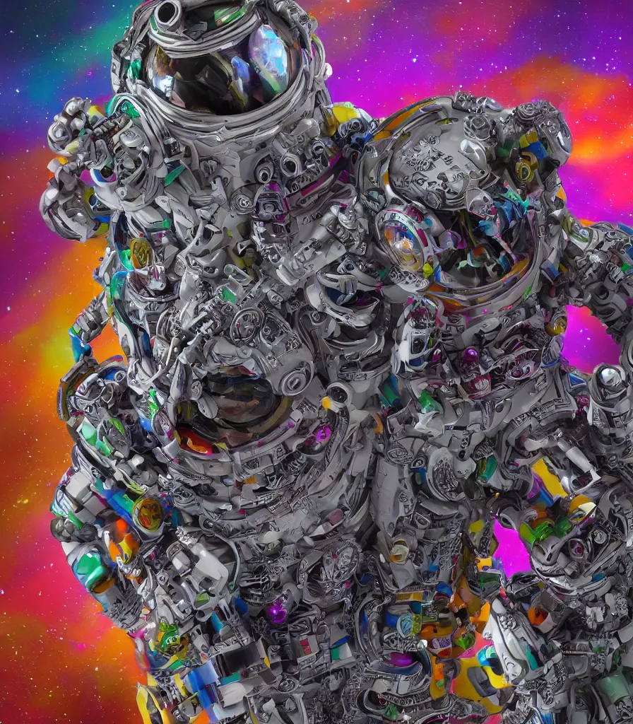 Image similar to hyper-maximalist overdetailed 3d sculpture of an astronaut by clogtwo and ben ridgway inspired by beastwreckstuff chris dyer and jimbo phillips. 3d infused retrofuturist style. Hyperdetailed high resolution. Highquality ender by binx.ly. Dreamlike surreal polished render by machine.delusions. Sharp focus.