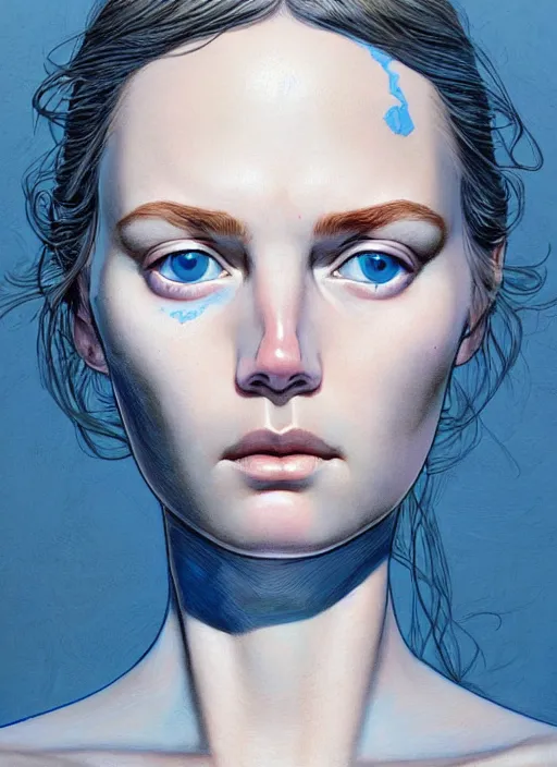 Prompt: a close up on the face of a beautiful woman in a future space suit; highly detailed; pretty blue eyes; pupils; artwork by james jean and Phil noto