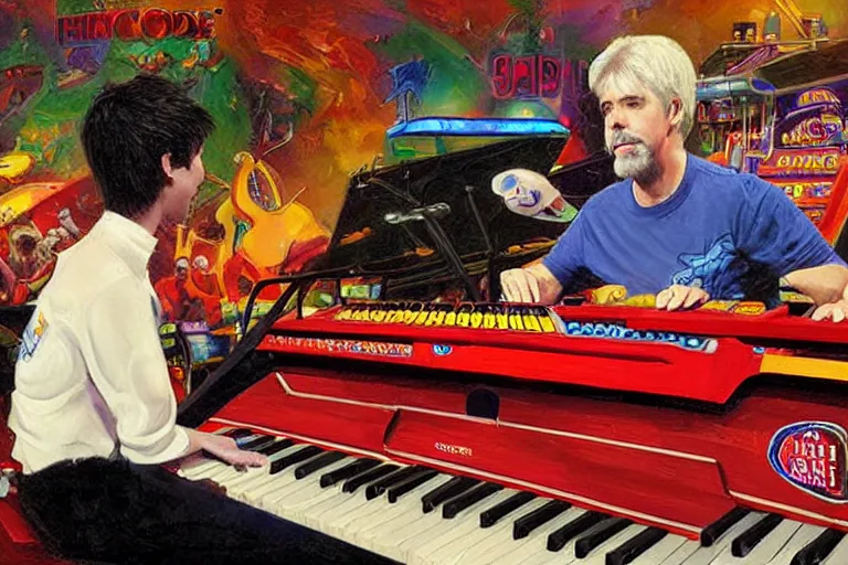 Prompt: portrait of michael mcdonald playing keyboard on stage at chuck e cheese, an oil painting by ross tran and thomas kincade