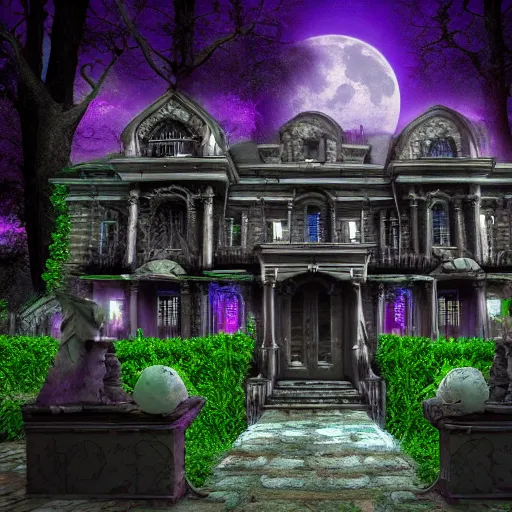 Prompt: Haunted Mansion in a dark forest dead trees moon lit sky spooky depth of field cinematic view Vray 8K HDR Vines Tombstones architecture garden with roses windows glowing purple eerie render