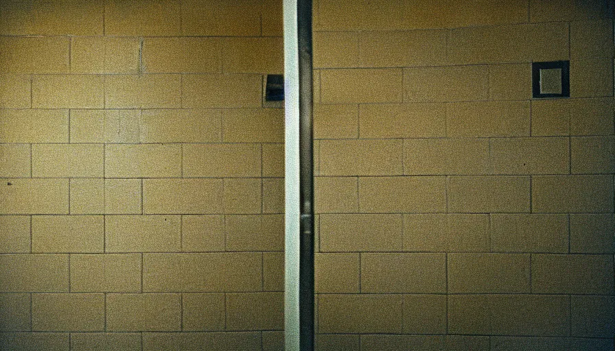 Prompt: 60s movie still of a sovietic stalinist style empty prison shower with yellow tiles, cinestill 800t 50mm eastmancolor, liminal Space style, heavy grain