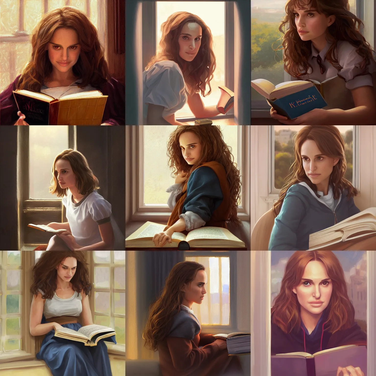 Prompt: portrait of Natalie Portman as Hermione Granger sitting next to a window reading a book, focused expression, golden hour, art by Kenne Gregoire and Krenz Cushart, trending on artstation