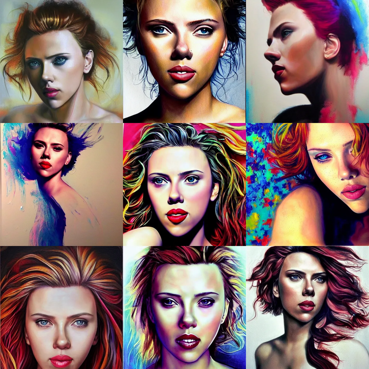 Prompt: Scarlett Johansson, smooth painting, art, detailed, colorful, smiling, beautiful hair, deep look, intense atmosphere