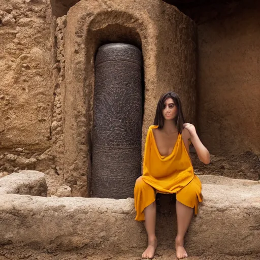 Image similar to 25 year old Mediterranean skinned woman in ancient Canaanite clothing next to an ancient well, 8k resolution, hyper detailed