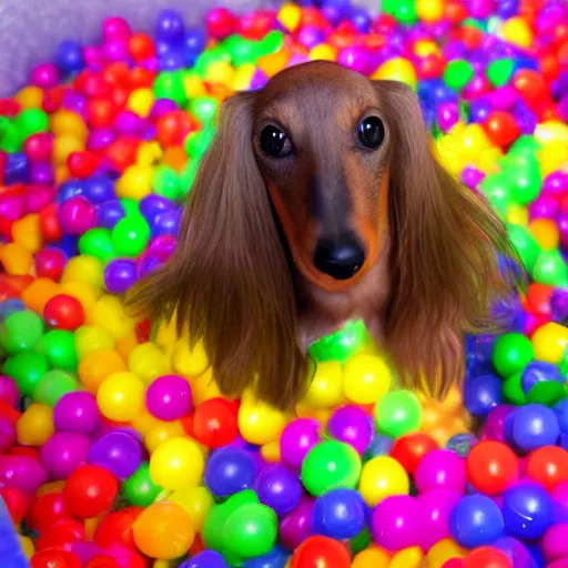 Prompt: long haired blonde miniature dachshund in a ball pit