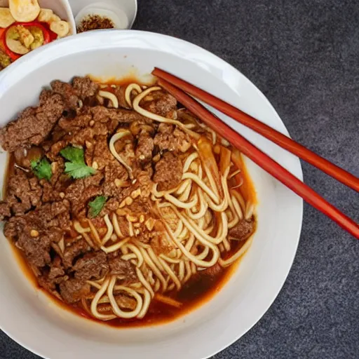 Image similar to a bowl of noodles with mixed beef sauce