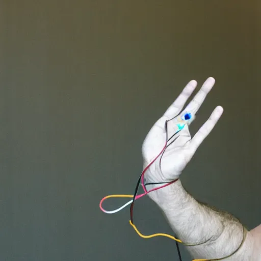 Image similar to a meditating hand with a cable connecting into the palm hindi pose transhumanist accelerationist