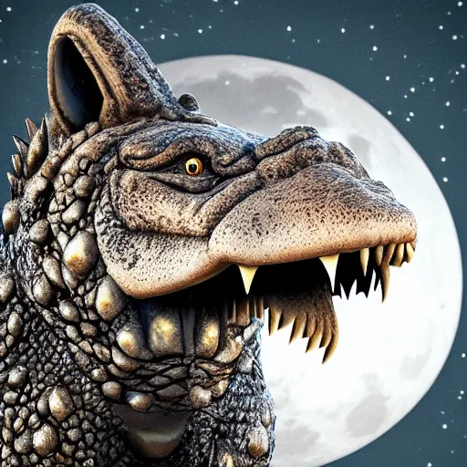 Image similar to Furred crocodile with a wolve's head, concept art, illuminated by full moon, professional photoshop artwork, highly detailed, single subject