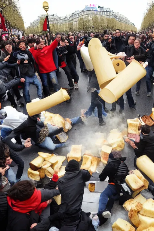 Image similar to the citizens of Paris start a riot and roll a giant fondue onto champs elysees