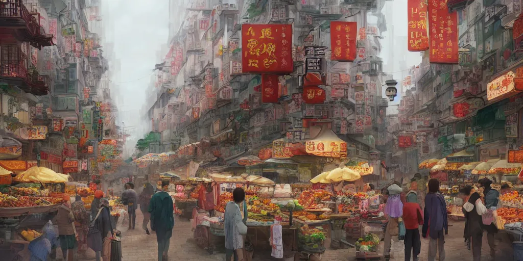 Image similar to morning market in chinatown, slightly foggy day, matte painting, studio ghibli, artstation