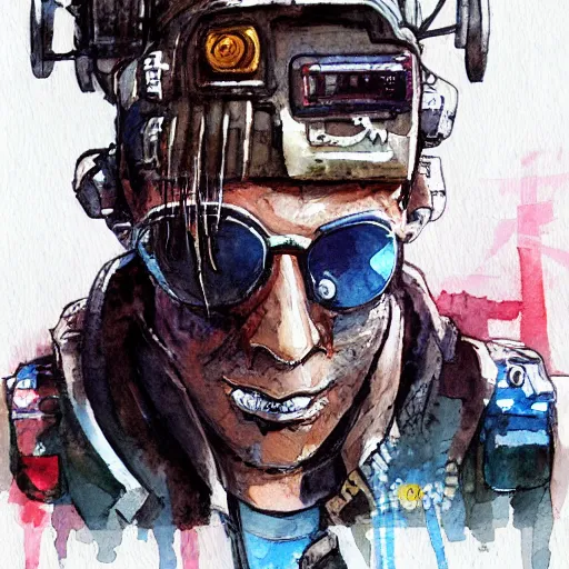 Image similar to watercolor of a cyberpunk mechanic in the style of Ashley Wood and Moebius