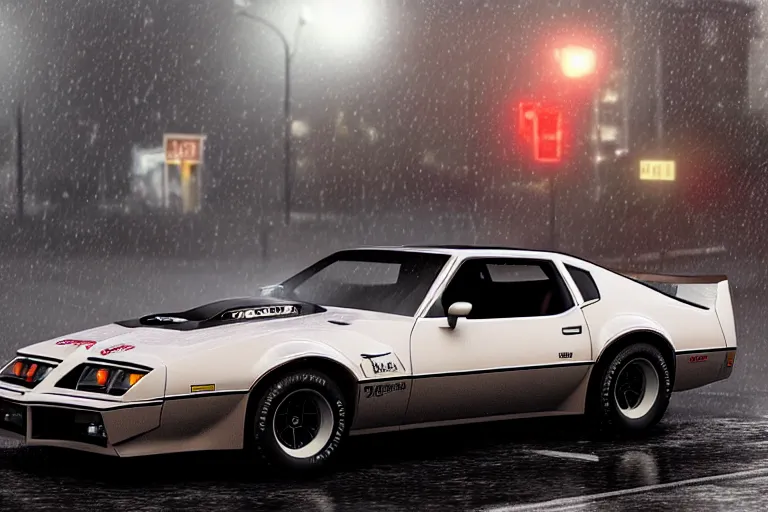 Prompt: hyperdetailed, photorealistic photograph of a 1 9 8 2 pontiac firebird trans - am drifting in the streets, rain, night, dense fog, hd, unreal engine 5 by greg rutowski, by stanley artgerm, by alphonse mucha