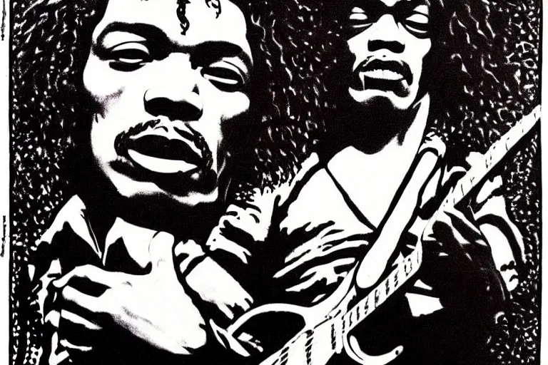 Image similar to grunge rock jimi hendrix, psychedelic concert poster, grainy, surrealist hand drawn by lynd ward, extremely detailed.