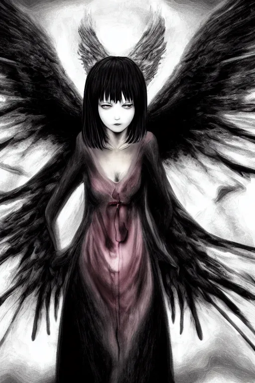 Image similar to angel of death smiling in the dark night, 3 d rendered digital art, by junji ito, sui ishida